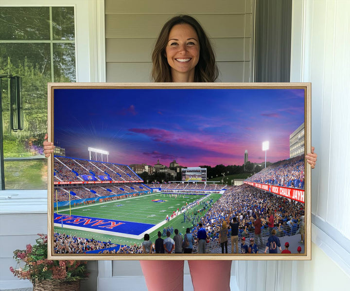 A canvas art piece depicting the Kansas Jayhawks stadium at twilight, vibrant in a modern setting.