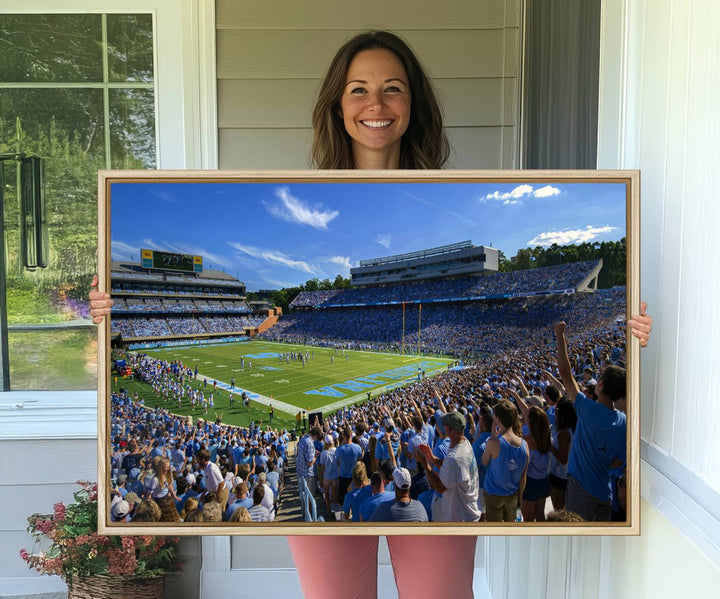 A University of North Carolina Tar Heels football stadium print on canvas.