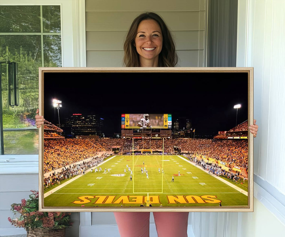 ASU Sun Devils Football Team Print - Wall Art Canvas featuring the Sun Devils end zone at Phoenix Mountain America Stadium.