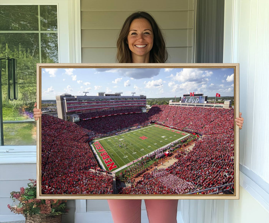 Wall art canvas print depicting a wide-angle view of Lincoln Memorial Stadium during a University of Nebraska game.