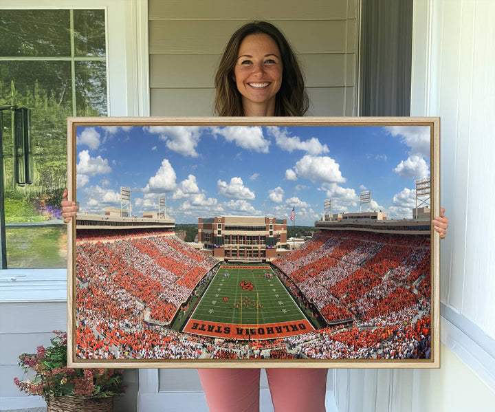 Boone Pickens Stadium was adorned with vibrant murals of Cowboys under a bright blue, cloud-speckled sky.