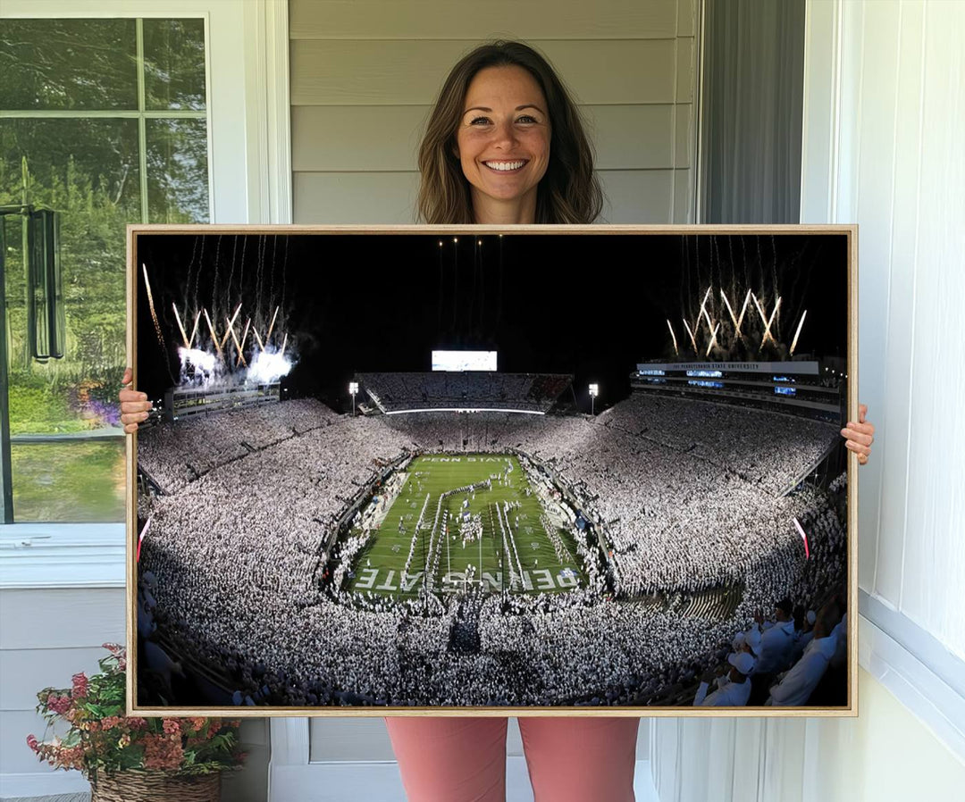 Wide-angle print of a packed stadium with fireworks, ideal gallery-quality wall art - Penn State Nittany Lions Canvas.