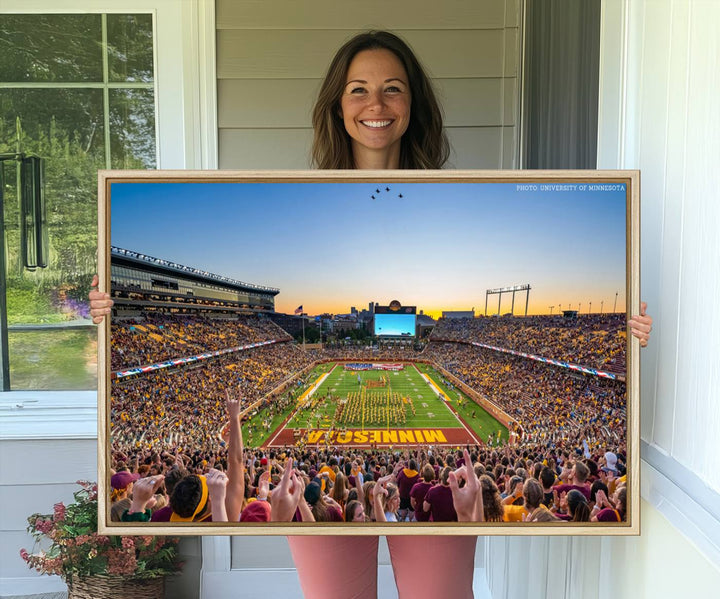 The University of Minnesota Golden Gophers Football Team Print, capturing a sunset scene, is ideal for gallery-quality wall art.