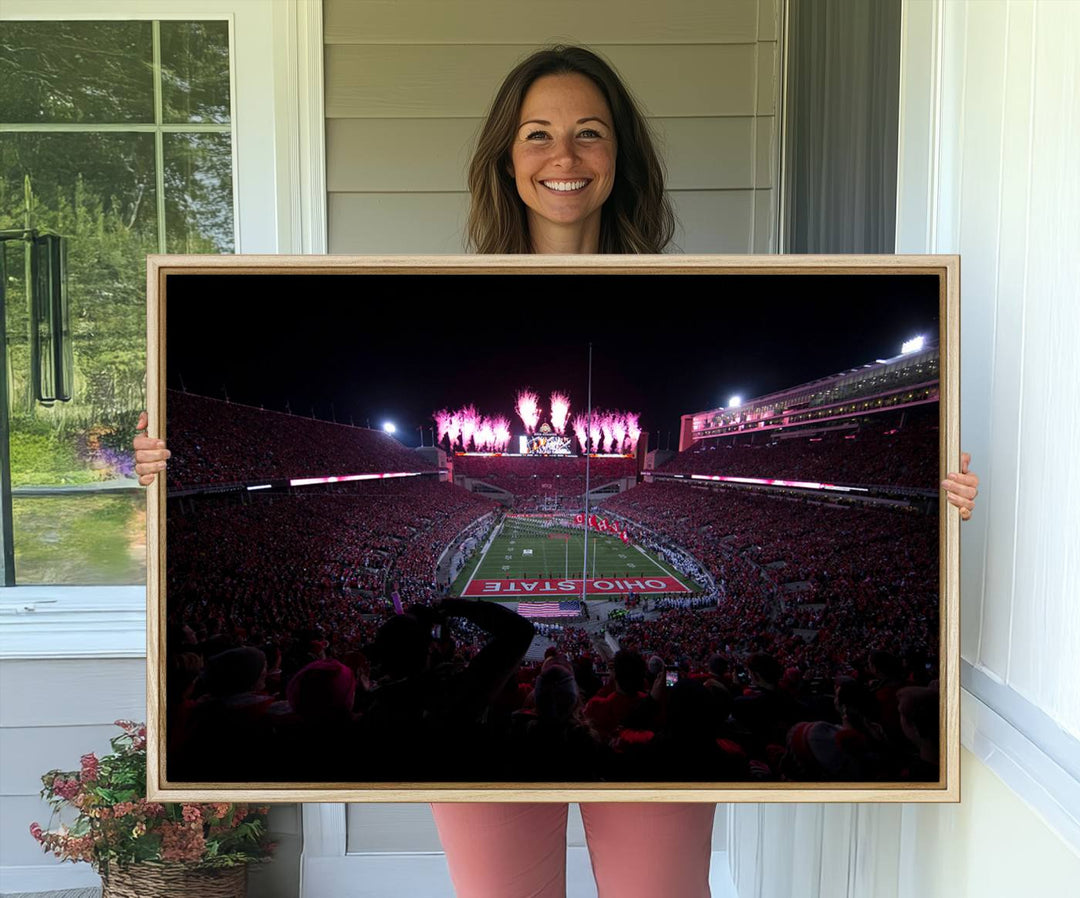 Premium canvas wall art featuring Ohio State University Buckeyes football stadium and fireworks.