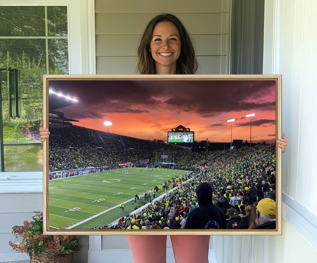 This stunning wall art print captures a vibrant sunset at Eugene Autzen Stadium.