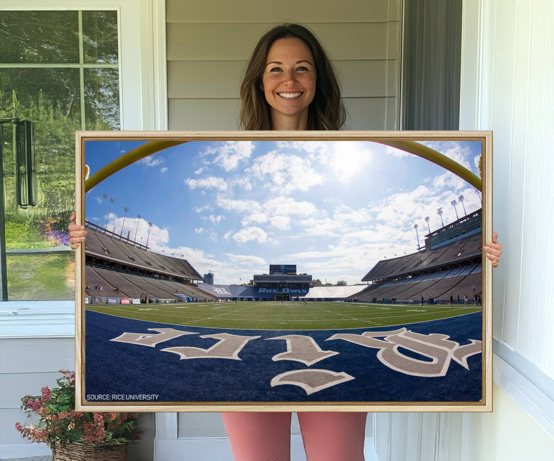 Fish-eye view of an empty stadium, ideal wall art on premium canvas: Rice University Owls Football Team Print.