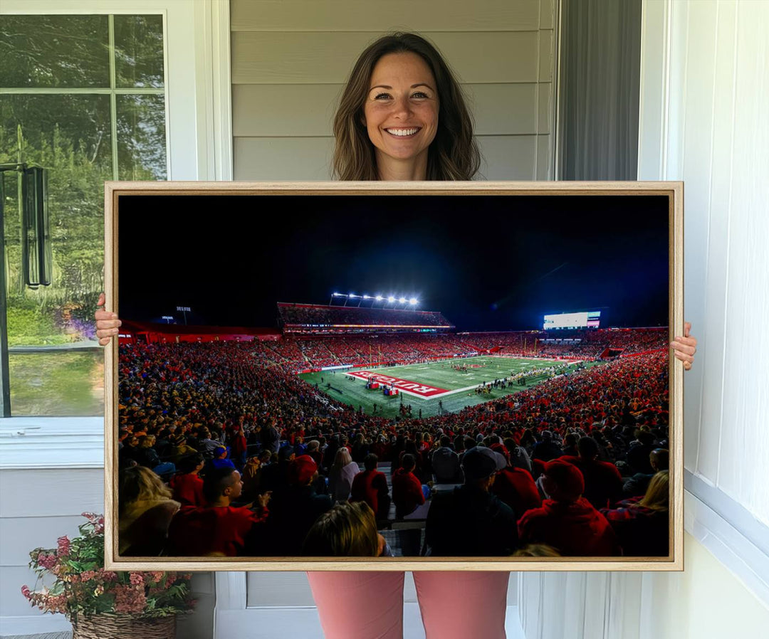 A premium canvas wall art print depicting Rutgers Scarlet Knights SHI Stadium filled with fans under vibrant lights.