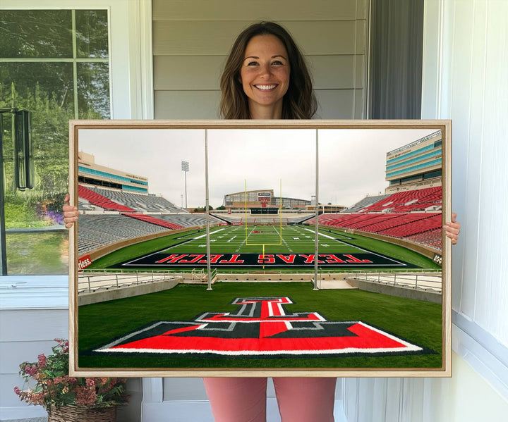 Gallery-quality print of Lubbock Jones AT&T Stadium featuring the Texas Tech Red Raiders field, highlighted by red and gray bleachers.