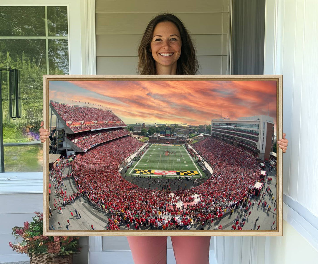 A packed SECU Stadium at sunset, ideal for your University of Maryland Terrapins Football Team wall art canvas print.