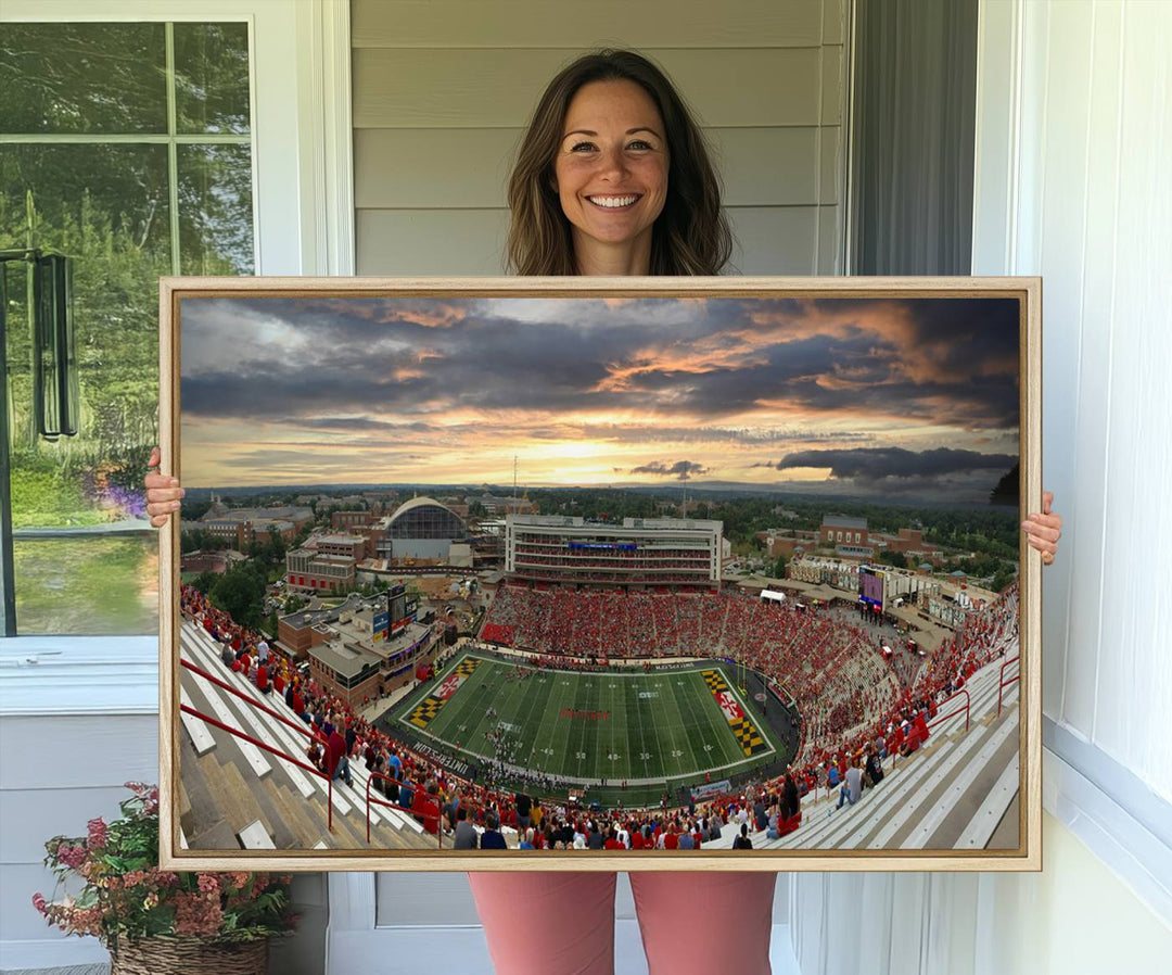 The University of Maryland Terrapins Football Team Print features SECU Stadium at sunset with vibrant skies.