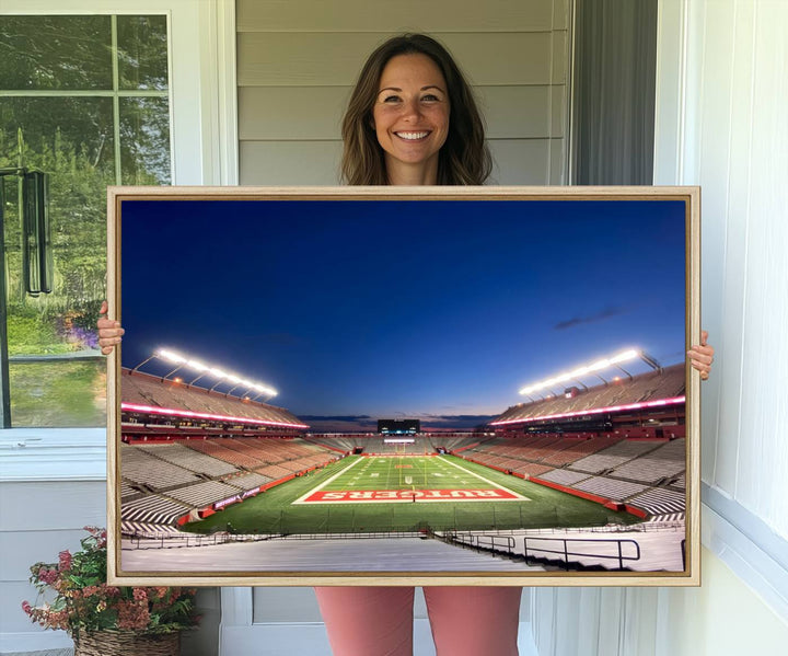 A large SHI Stadium at dusk, ideal for a Rutgers Scarlet Knights Football Team canvas print.