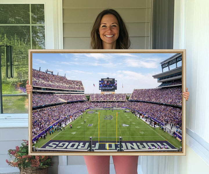 The TCU Horned Frogs print portrays a vibrant Amon G. Carter Stadium, filled with energy and game action.