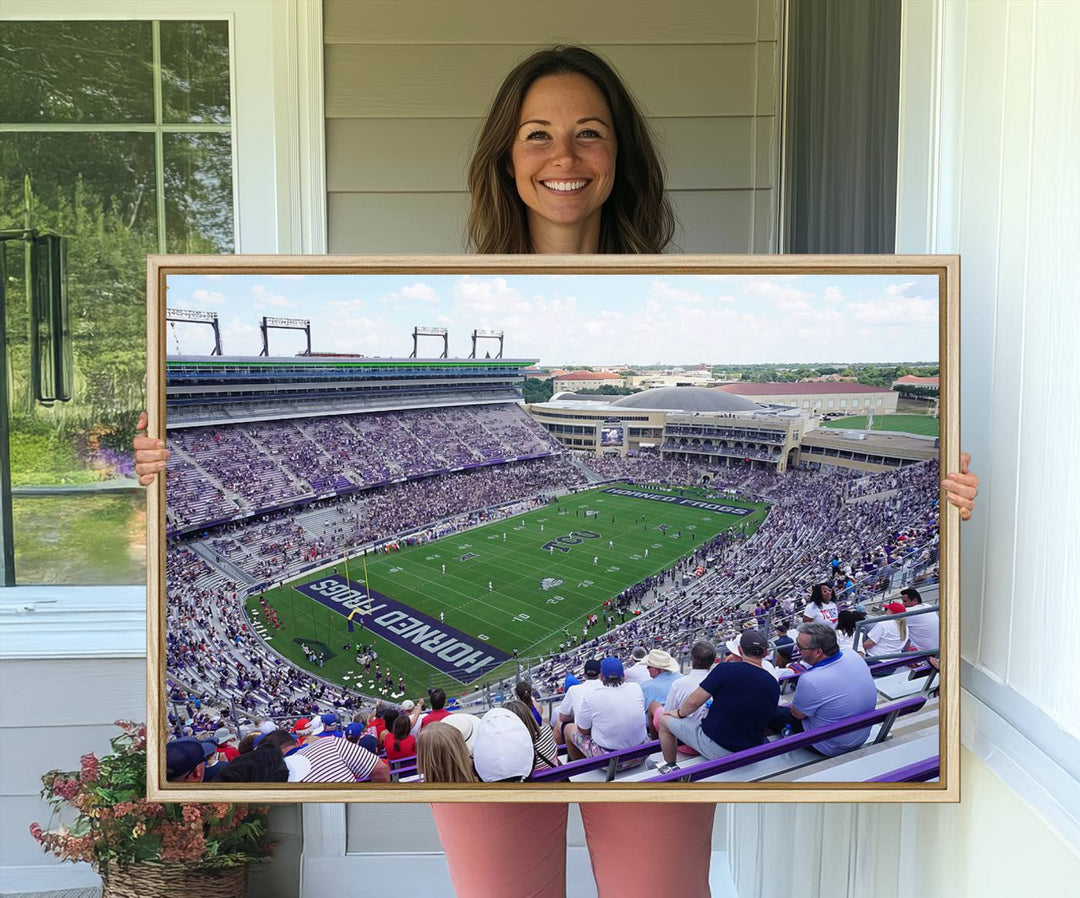 Amon G. Carter Stadium wall art canvas showcasing the TCU Horned Frogs and packed stands at Fort Worth.