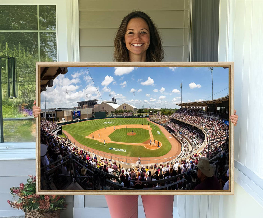 A baseball stadium under a blue sky, capturing the energy of The Texas A&M Aggies Athletics Kyle Field Wall Art.