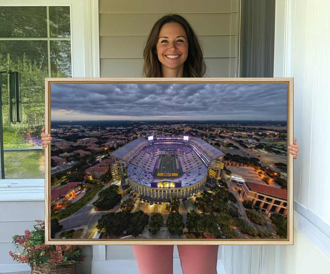 The LSU Tigers Football Team Baton Rouge Tiger Stadium Canvas is displayed prominently, capturing attention with its vivid depiction of the iconic stadium.