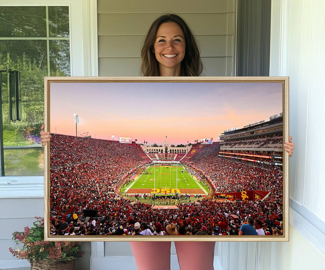 A USC Trojans wall art canvas print highlights the scene, depicting the Coliseum Stadium at sunset.