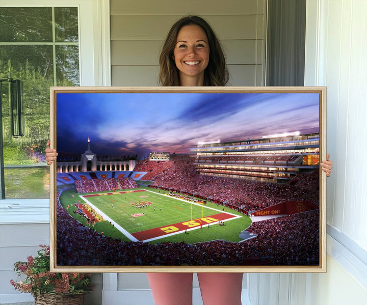 A vibrant painting of fans cheering for The University of Southern California USC Trojans under bright stadium lights.