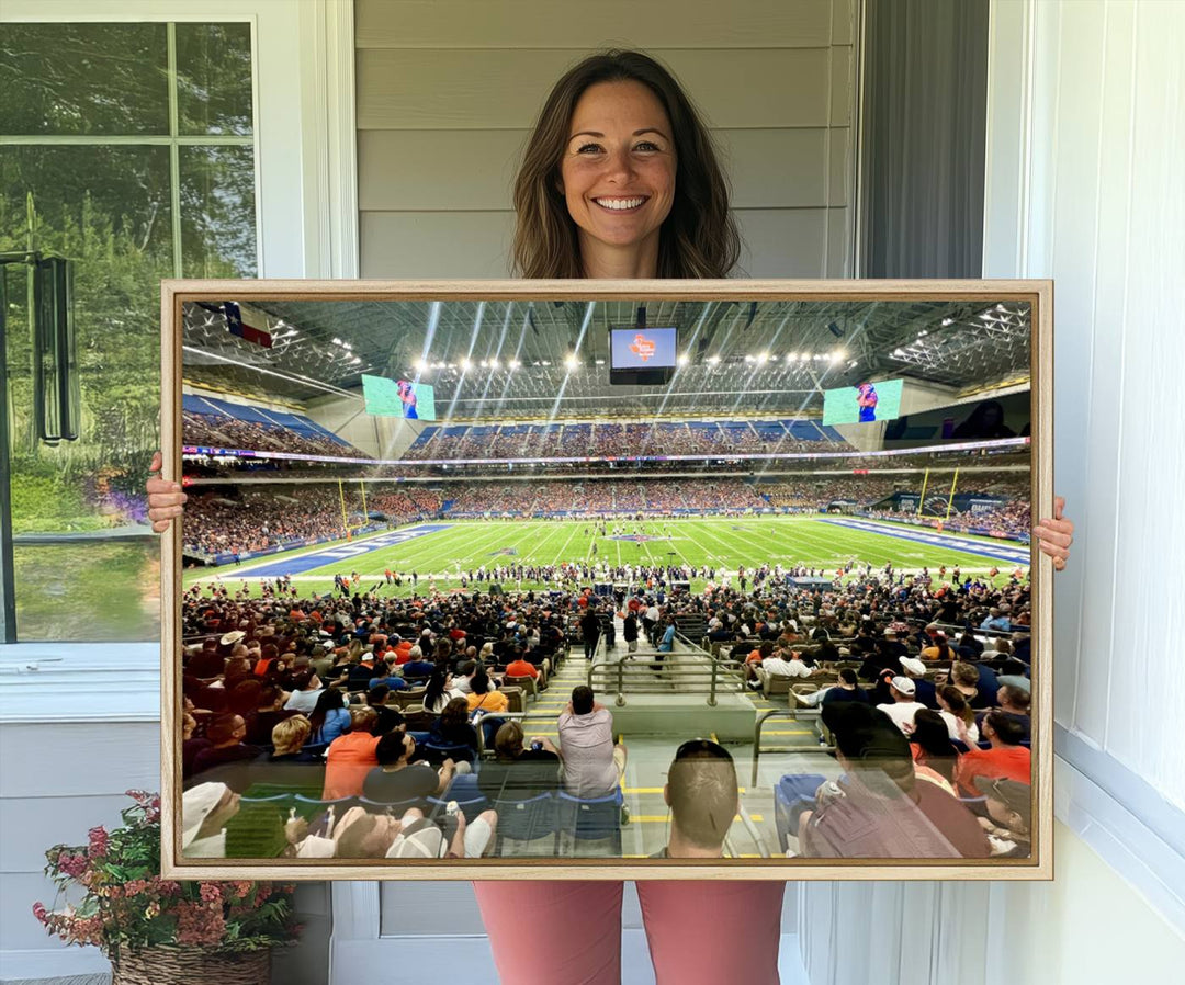 The UTSA Roadrunners Alamodome canvas print hangs in the living room.