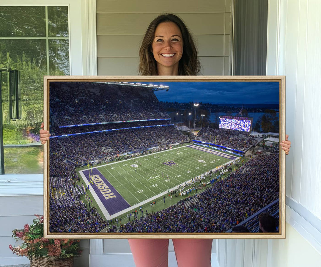 The University of Washington Huskies Football Team Print: Seattle Husky Stadium Wall Art Canvas captures a dusk stadium view.