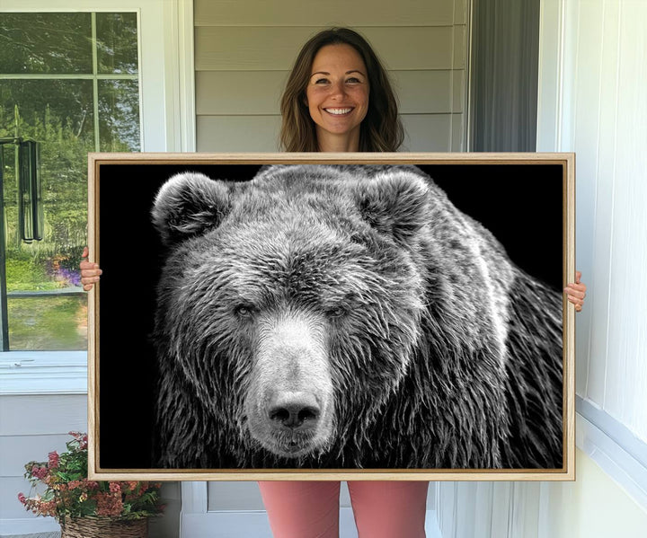 The 399 Grizzly Bear Canvas Print is displayed prominently on a wall in a modern living room.