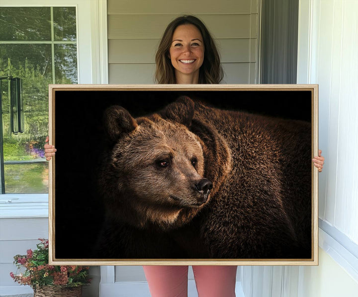 The Wild Grizzly 399 Bear Canvas Wall Art Print enhances modern living rooms with its neutral color palette.
