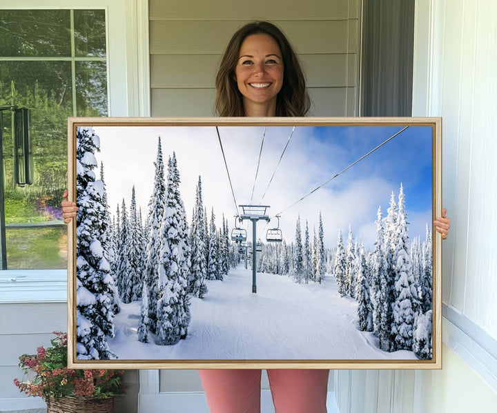 Winter Ski Lift Wall Art Print: Snowy Mountain Adventure, ideal for cabin or farmhouse decor under a clear blue sky.