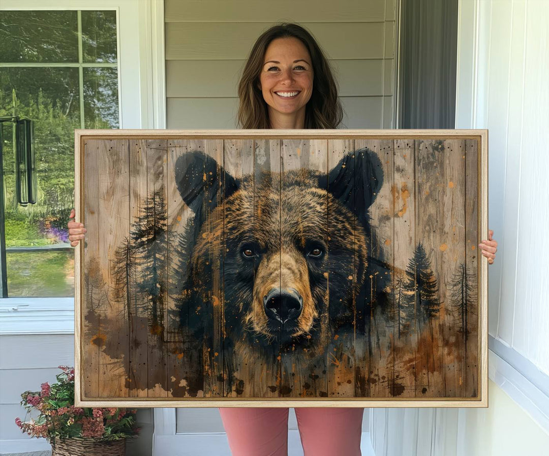 Abstract 399 Bear Wall Art showcases a bears face intertwined with forest trees, ideal for enhancing rustic lodge, cabin, or barn decor.