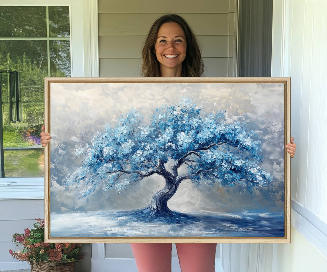 Abstract Blue Tree Art Print featuring textured blues and grays, perfect for farmhouse decor.