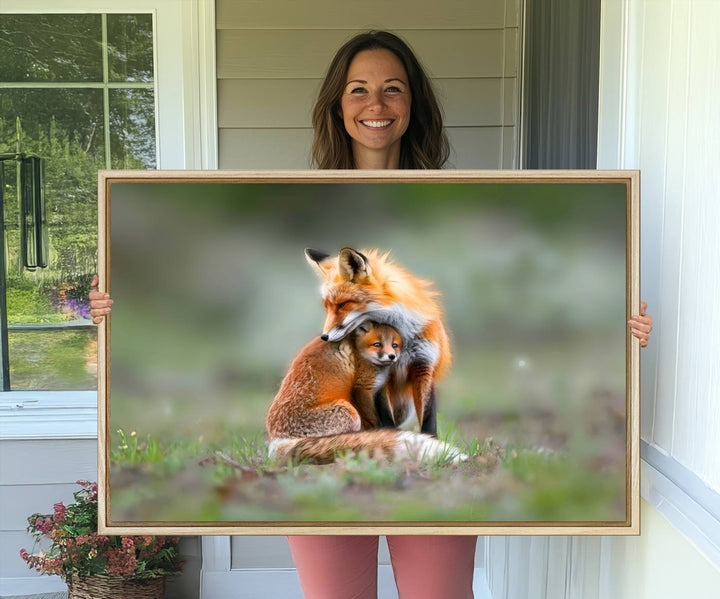 Heartwarming Fox and Baby Cub Wall Art - ready to hang, ideal for animal lovers, rustic decor, and cabin wall art.