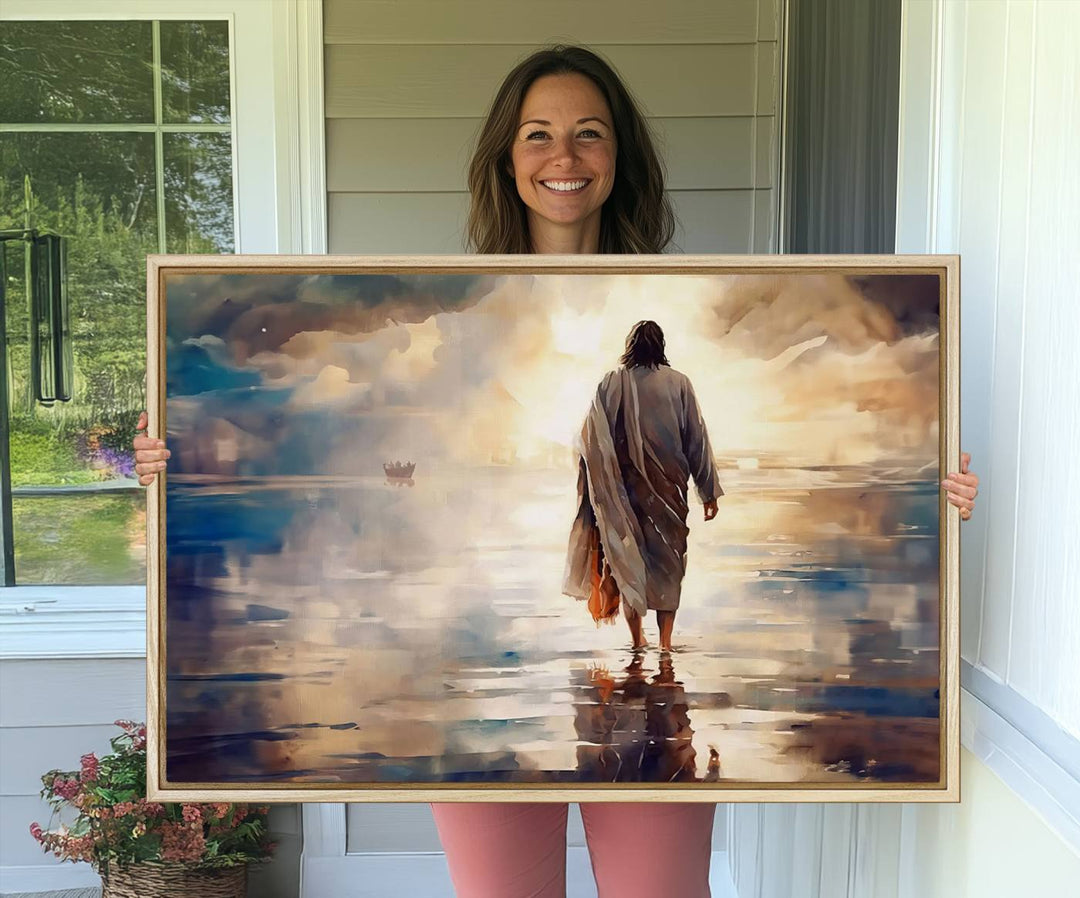 The wall art depicts a robed figure walking on water towards a boat, framed by a stunning sunset. This is showcased in the Jesus Walking on Water Triptych Canvas Print.