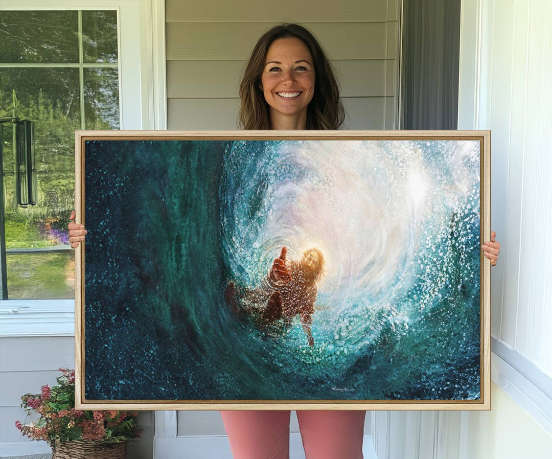 A swimmer heads towards light in an ethereal vortex on the Powerful Jesus Canvas Print - Hand of Salvation, Inspirational Wall Art.