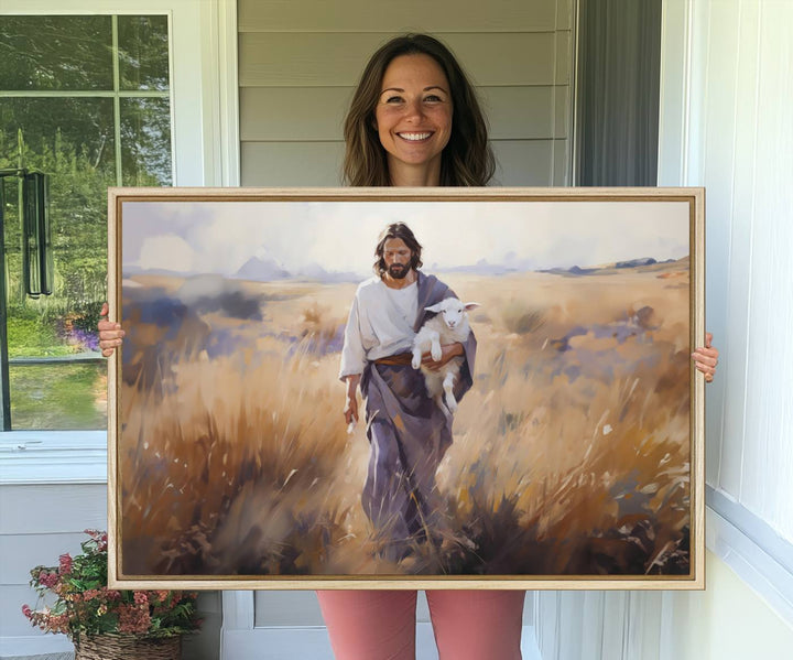 A canvas art piece depicts a bearded man carrying a lamb in a field, reminiscent of Jesus the Good Shepherd, ideal for prayer room decor.