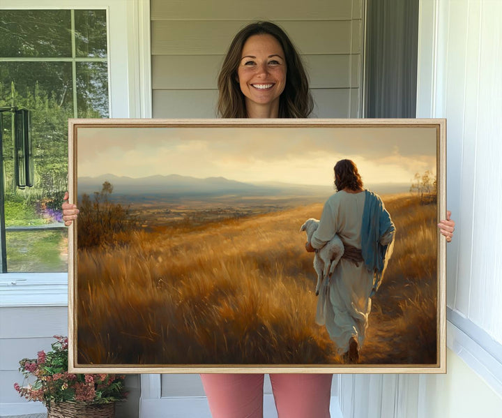 The wall art, titled Jesus the Good Shepherd, depicts a golden field at sunset.