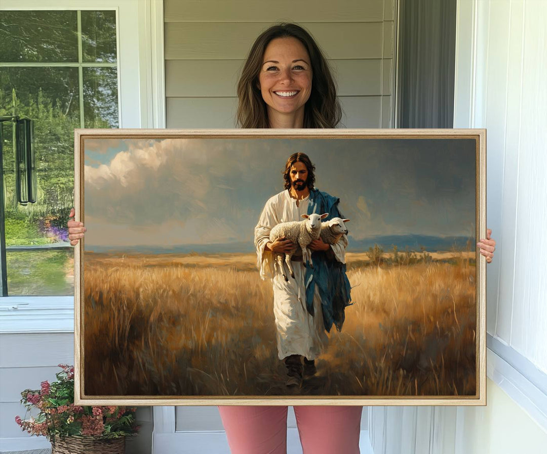 This Jesus Shepherd Wall Art depicts a figure in a white robe carrying a lamb, making it an ideal piece of Christian decor for your home.