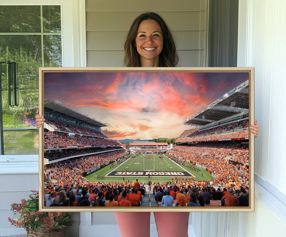 Wall Art Canvas Print of fans in orange cheering for the Oregon State Beavers at sunset.