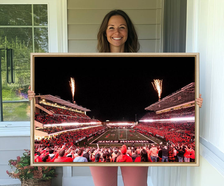 At Corvallis Reser Stadium, vibrant wall art captures the spirit of Oregon State Beavers football against a backdrop of a fireworks-lit night sky.