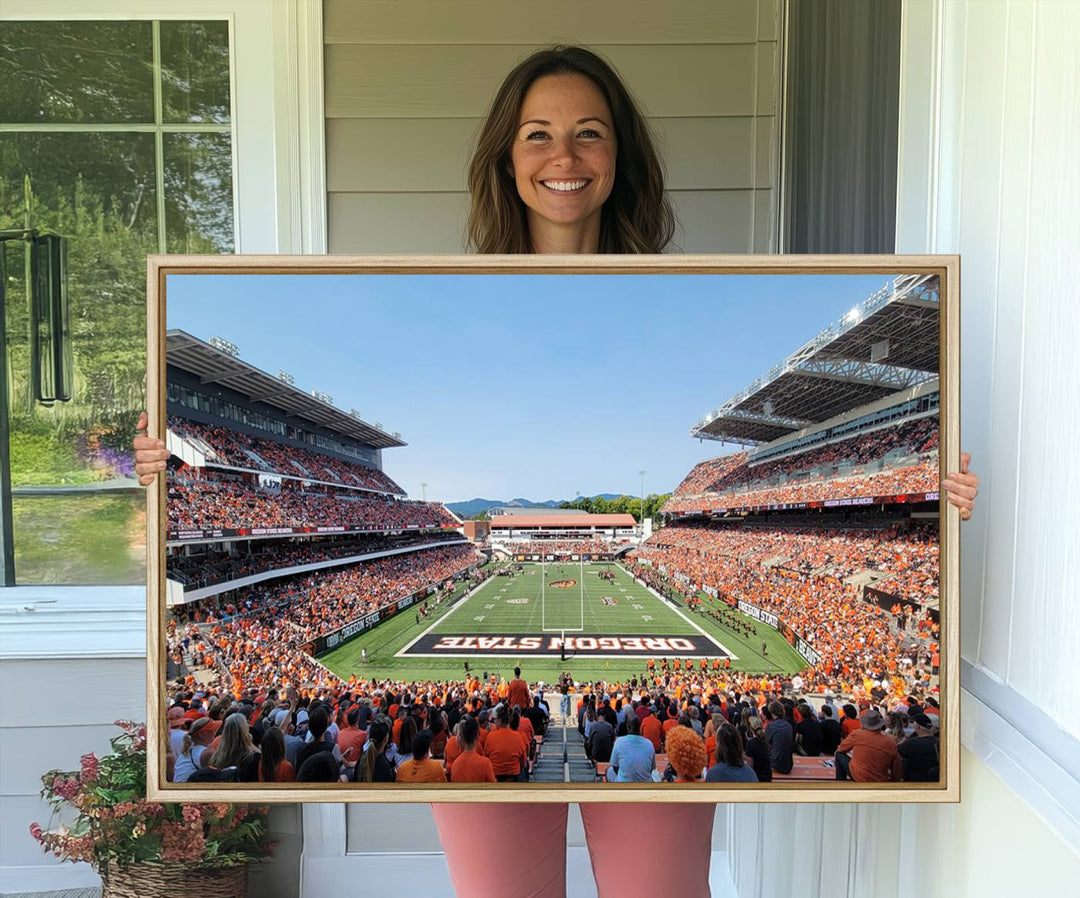 Wide-angle view of Corvallis Reser Stadium with Oregon State field, depicted in Beavers team print canvas art.