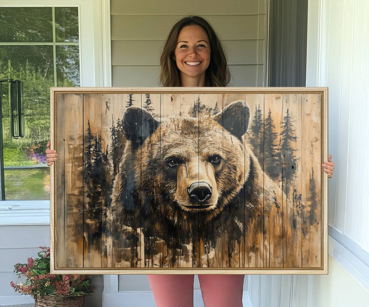 Majestic Grizzly 399 Bear 3-panel rustic canvas print with woodland theme.