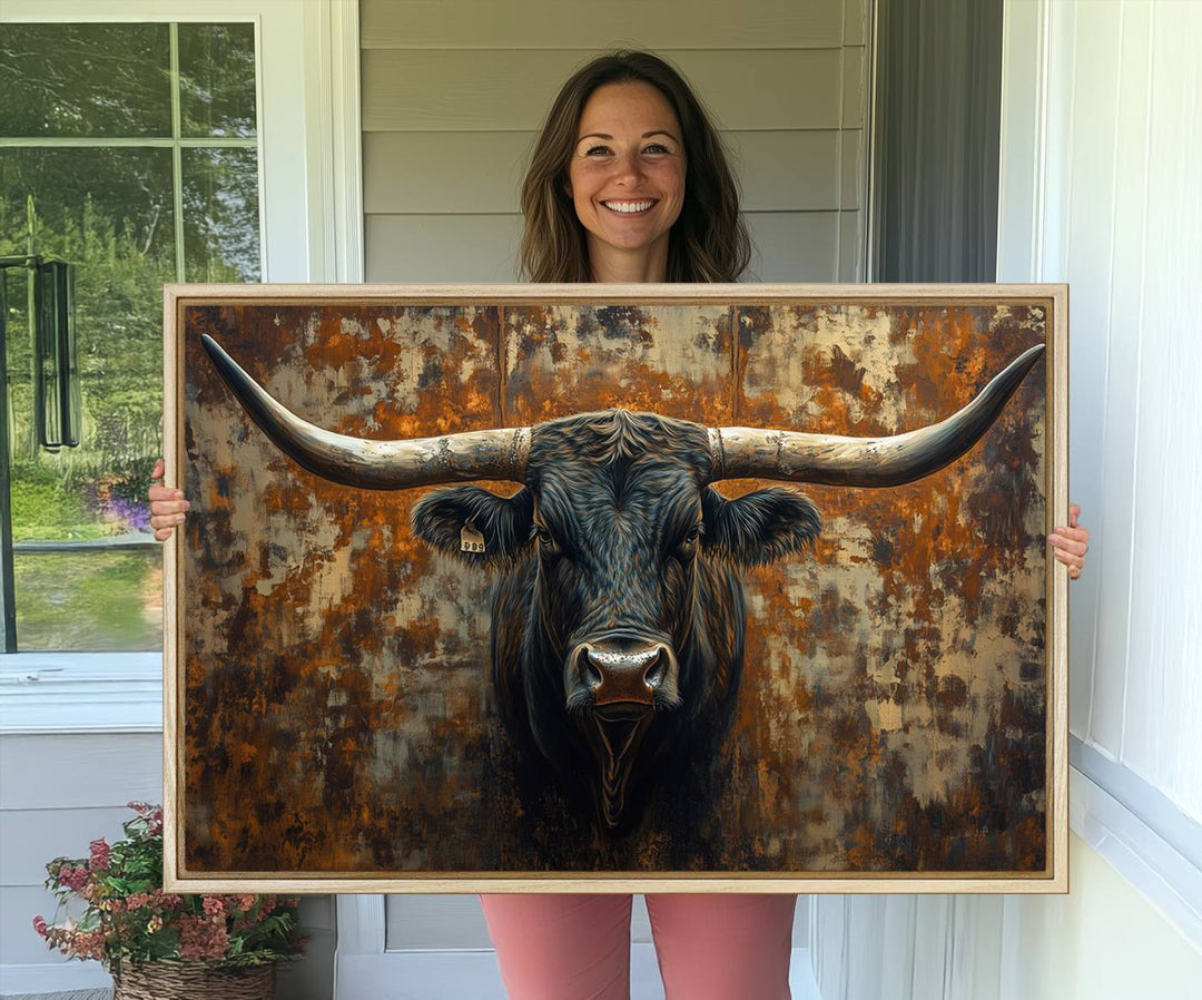 The Longhorn Texas Cow Bull Wall Art canvas print showcases rustic farmhouse decor.