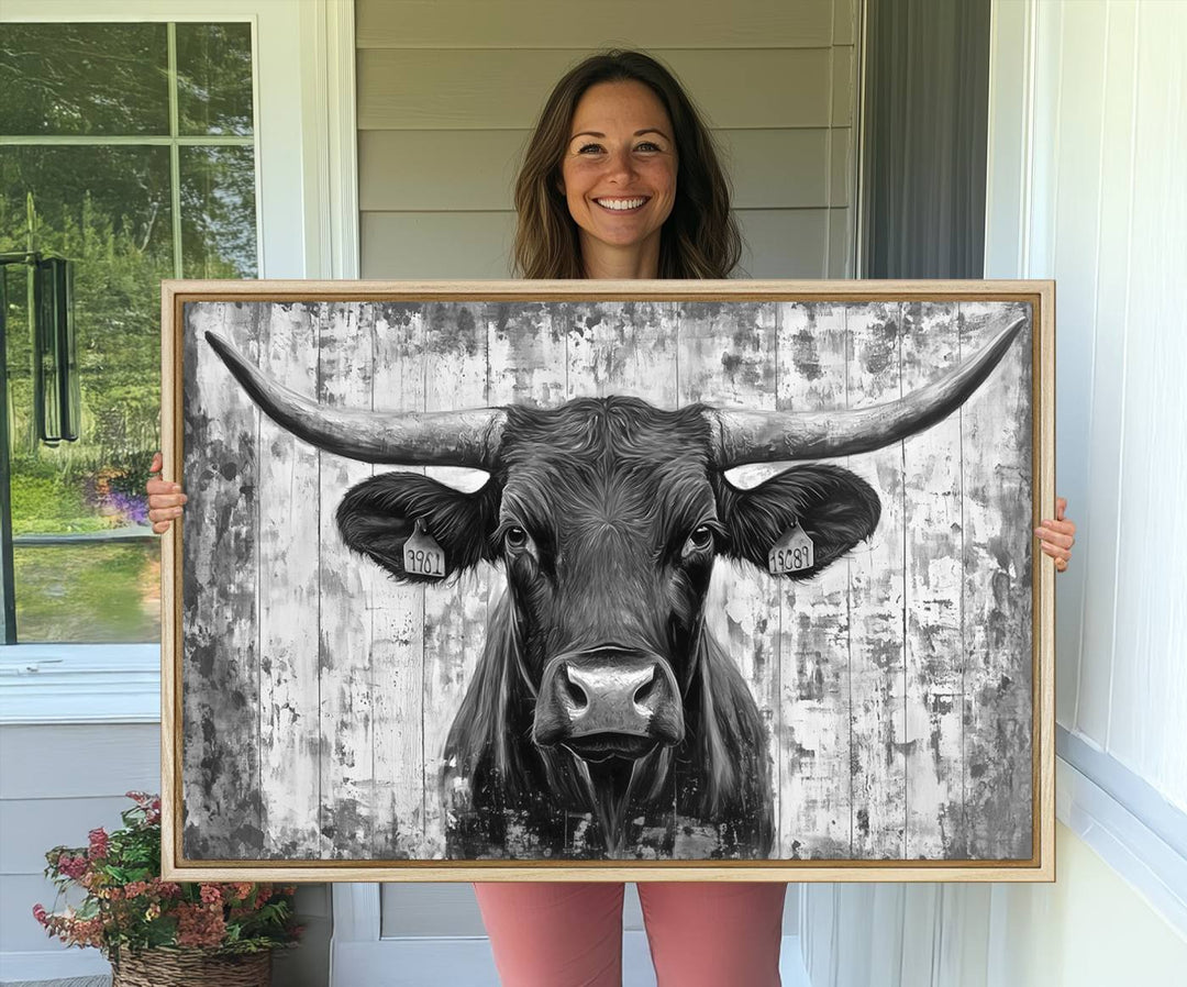 Abstract Longhorn Bull canvas print, featuring rustic Texas-themed wall art on a wooden background, ideal for Western decor.