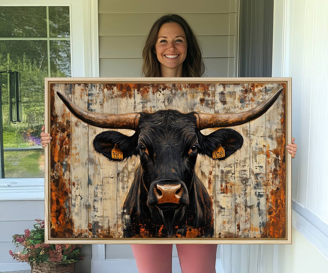 Black bull painting with horns and ear tags, ideal for rustic Texas decor - Abstract Cow Longhorn Bull Canvas Print.