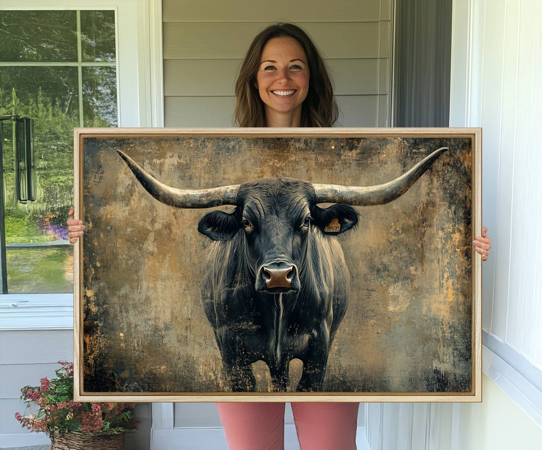 The Longhorn Bull Canvas Print features a bull with prominent horns facing forward, depicted in abstract Texas Western art style.