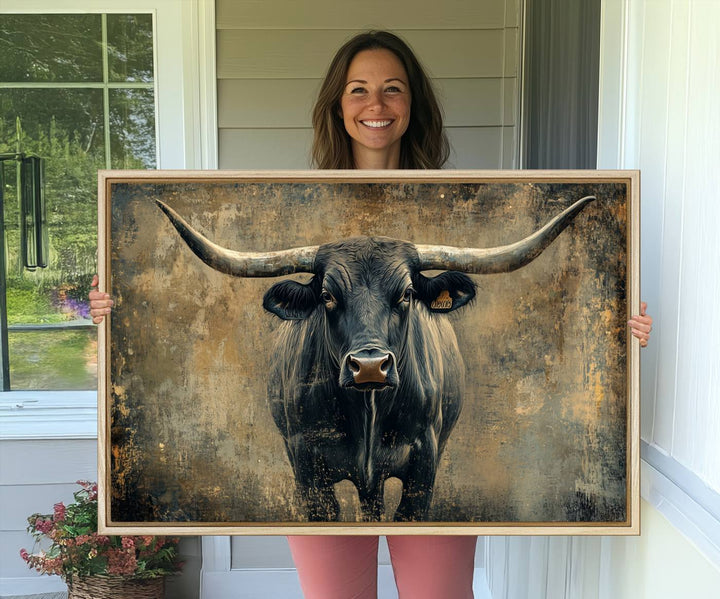 The Longhorn Bull Canvas Print features a bull with prominent horns facing forward, depicted in abstract Texas Western art style.