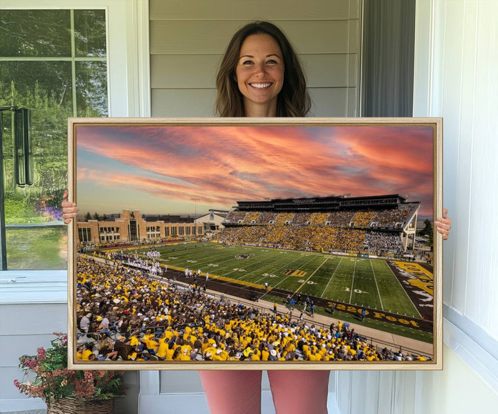 Capture the essence of a packed War Memorial Stadium at sunset with the Cowboys Football Canvas Print, highlighting fans cheering in yellow.