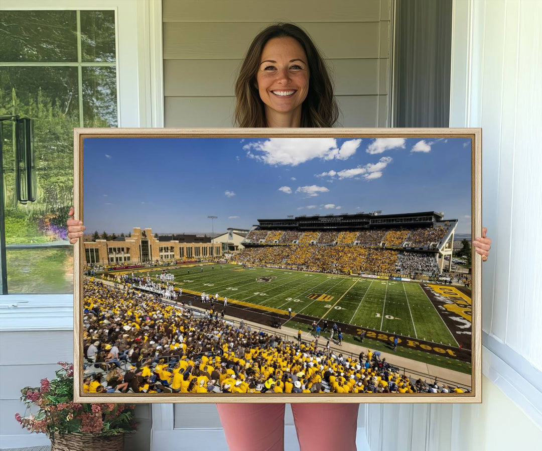 Aerial view of University of Wyoming Cowboys game at Jonah Field, perfect for a giclee canvas print.