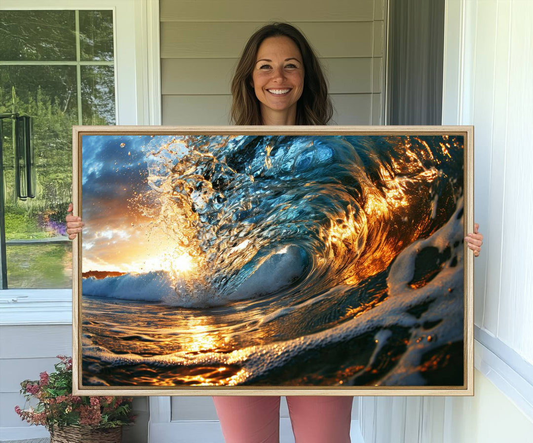 The Ocean Wave at Sunset canvas captures fiery waves with golden and blue hues, making it a perfect addition to nautical-themed decor.