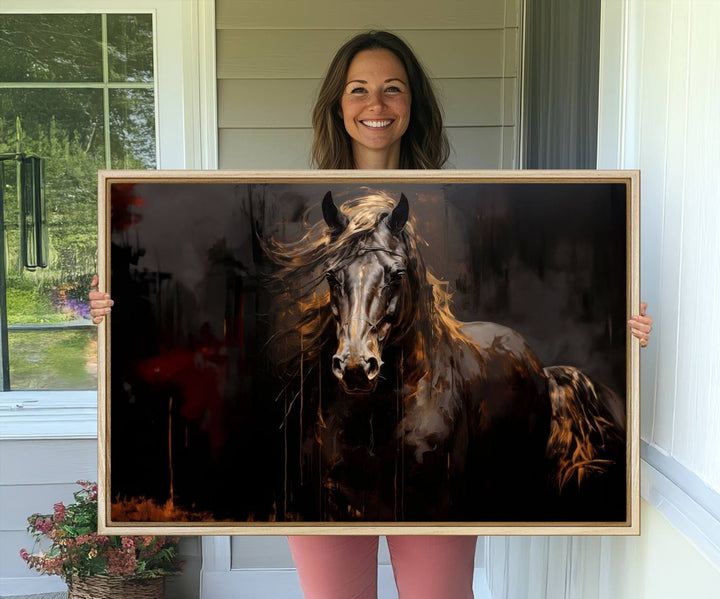 Abstract Black Horse Canvas Print – Featuring an equine spirit with a flowing mane on a dark background, perfect as farmhouse wall art.