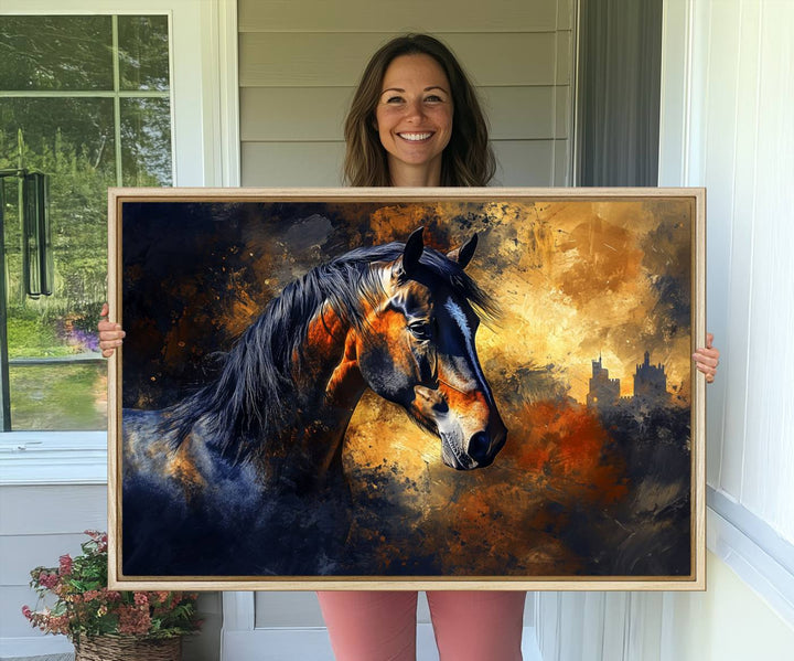 Abstract Horse Art Print on canvas, featuring a colorful background, perfect for rustic farmhouse or equestrian decor.