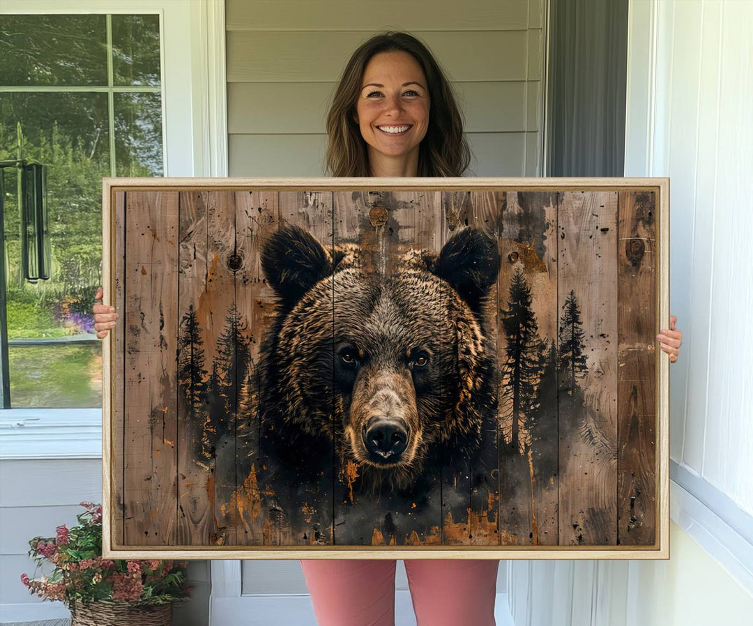 The bedroom showcases the Rustic Grizzly 399 Wall Art, a triptych canvas print that brings woodland charm to the space with its striking depiction of a bear. Elegantly displayed on a wooden wall, it enhances the rustic cabin feel.