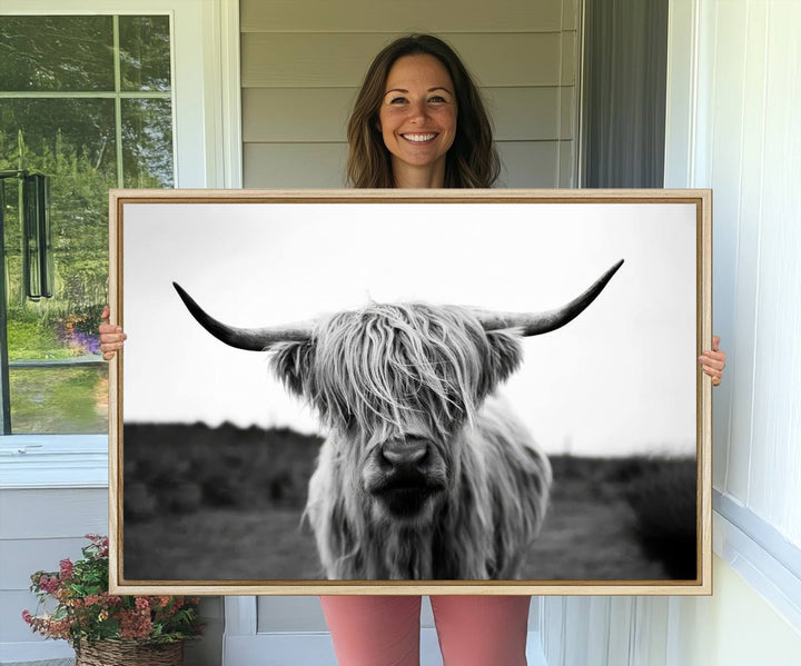 Highland Cow Wall Art: A black and white triptych canvas print, ideal for enhancing farmhouse or rustic barn decor.